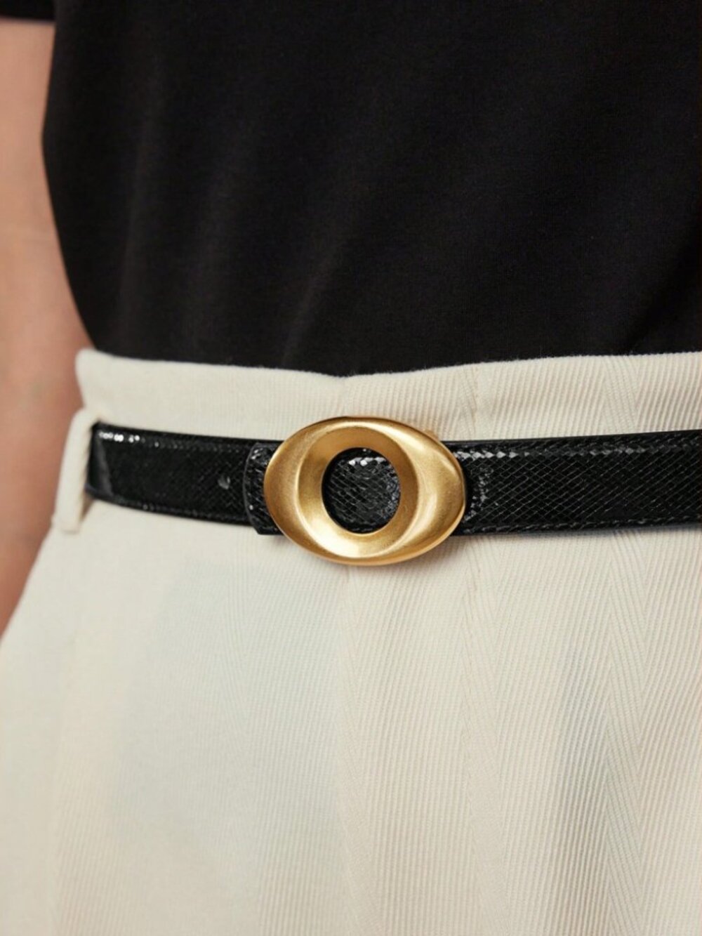 Black Snake-Embossed Belt with Oval Gold Buckle
